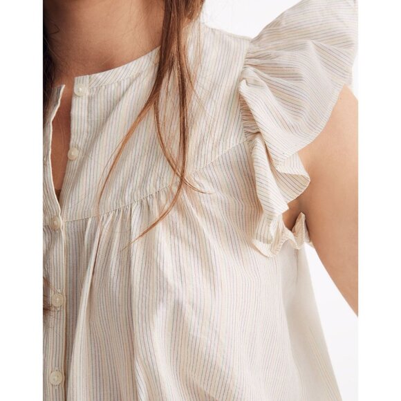 Madewell Ruffle-Sleeve Bib Top Metallic Lurex Stripe Size Small Button Up Blouse - Picture 10 of 10